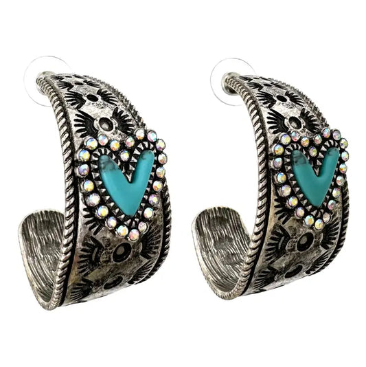 Turquoise Heart Ab Rhinestone Pattern C Hoop Earrings