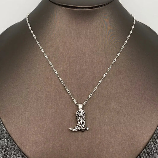 Vintage Western Cowboy Boot Pendant Necklace, SILVER