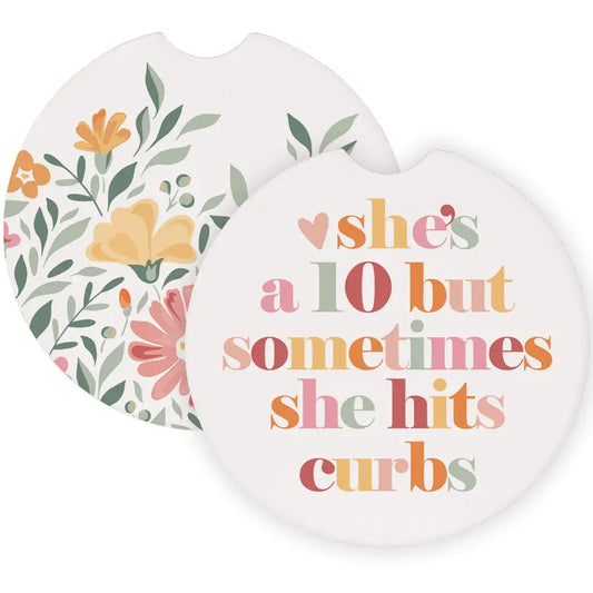 SIGN: SHE HITS CURBS FLOWERS