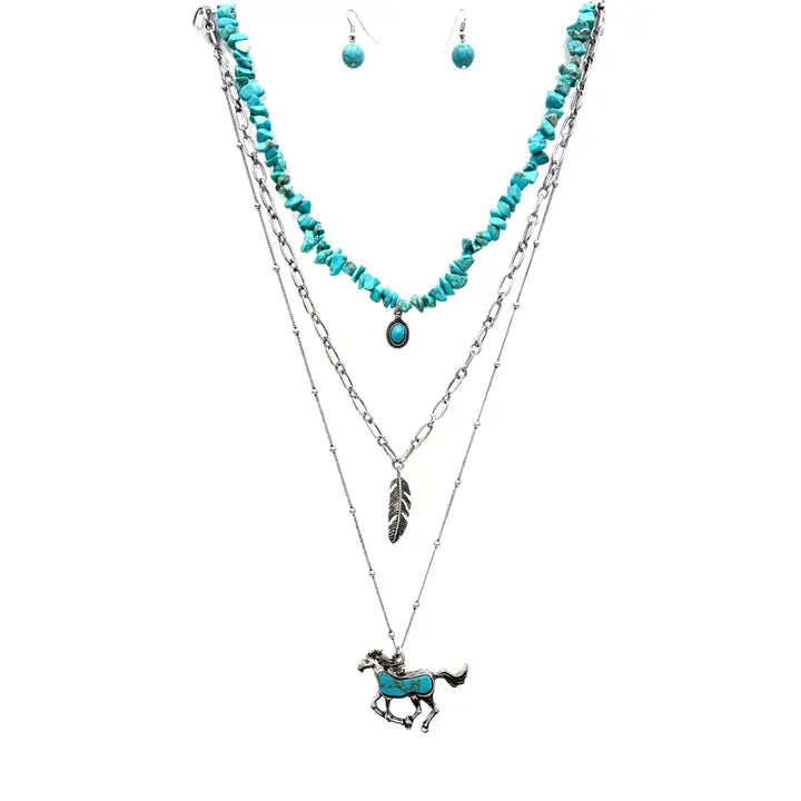 Horse Feather Three Pendant Turquoise Pebble Necklace