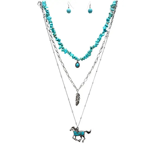 Horse Feather Three Pendant Turquoise Pebble Necklace