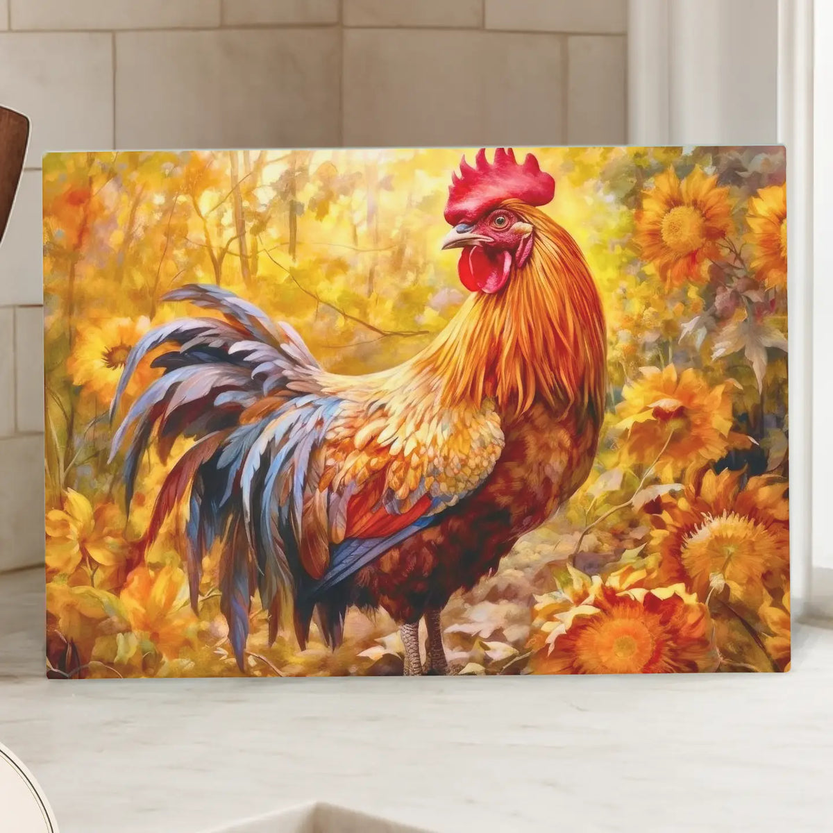 Fall Farmhouse Rooster Glass Cutting Board