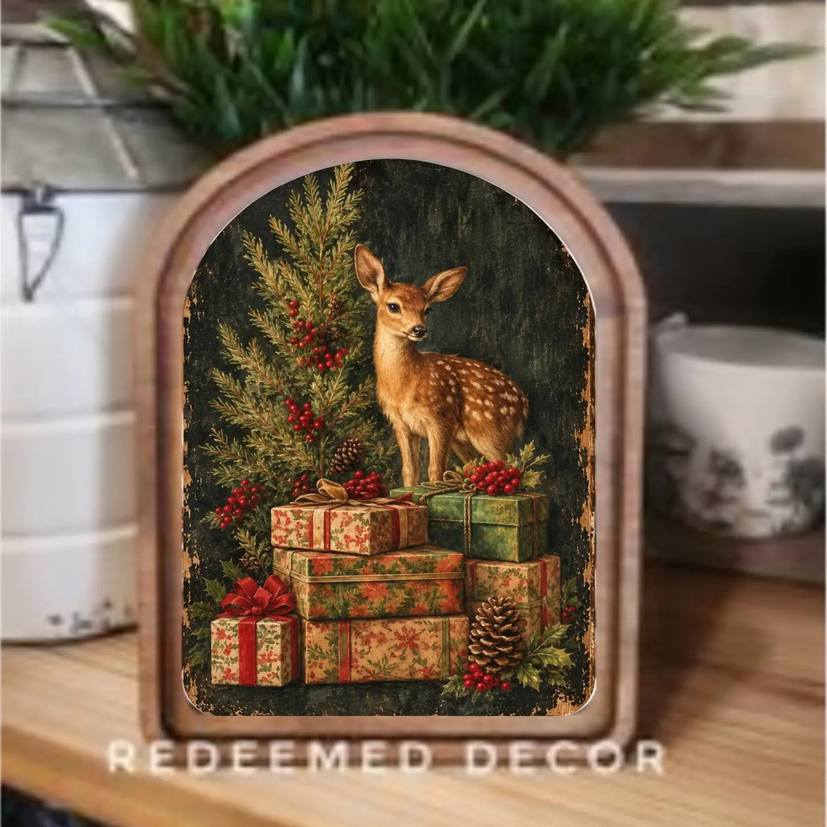 Arch Top Deer With Gifts Framed Art