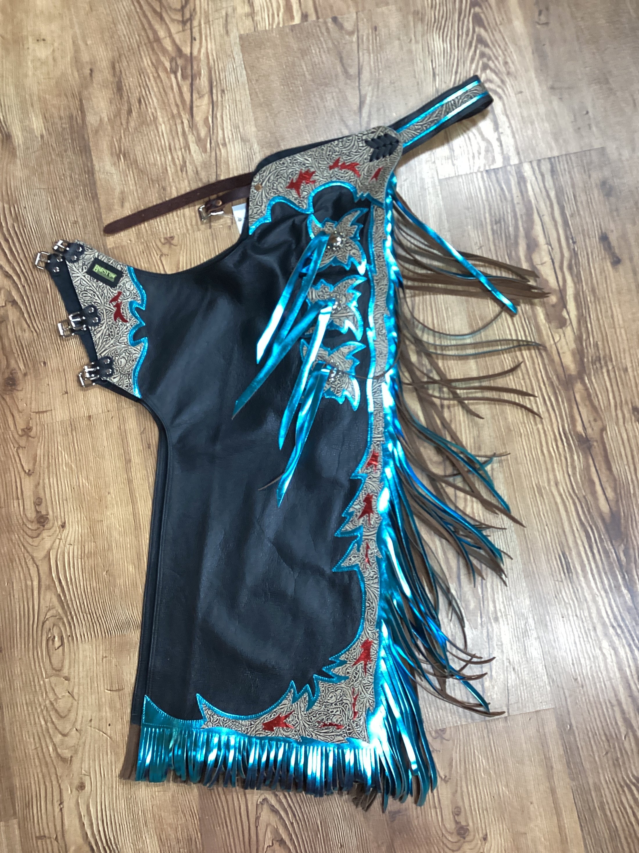 *BULL RIDING CHAPS- BLK & TEAL-22 X 42