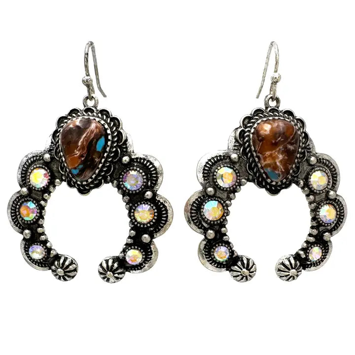 Bisbee Turquoise Squash Blossom Ab Rhinestone Earrings