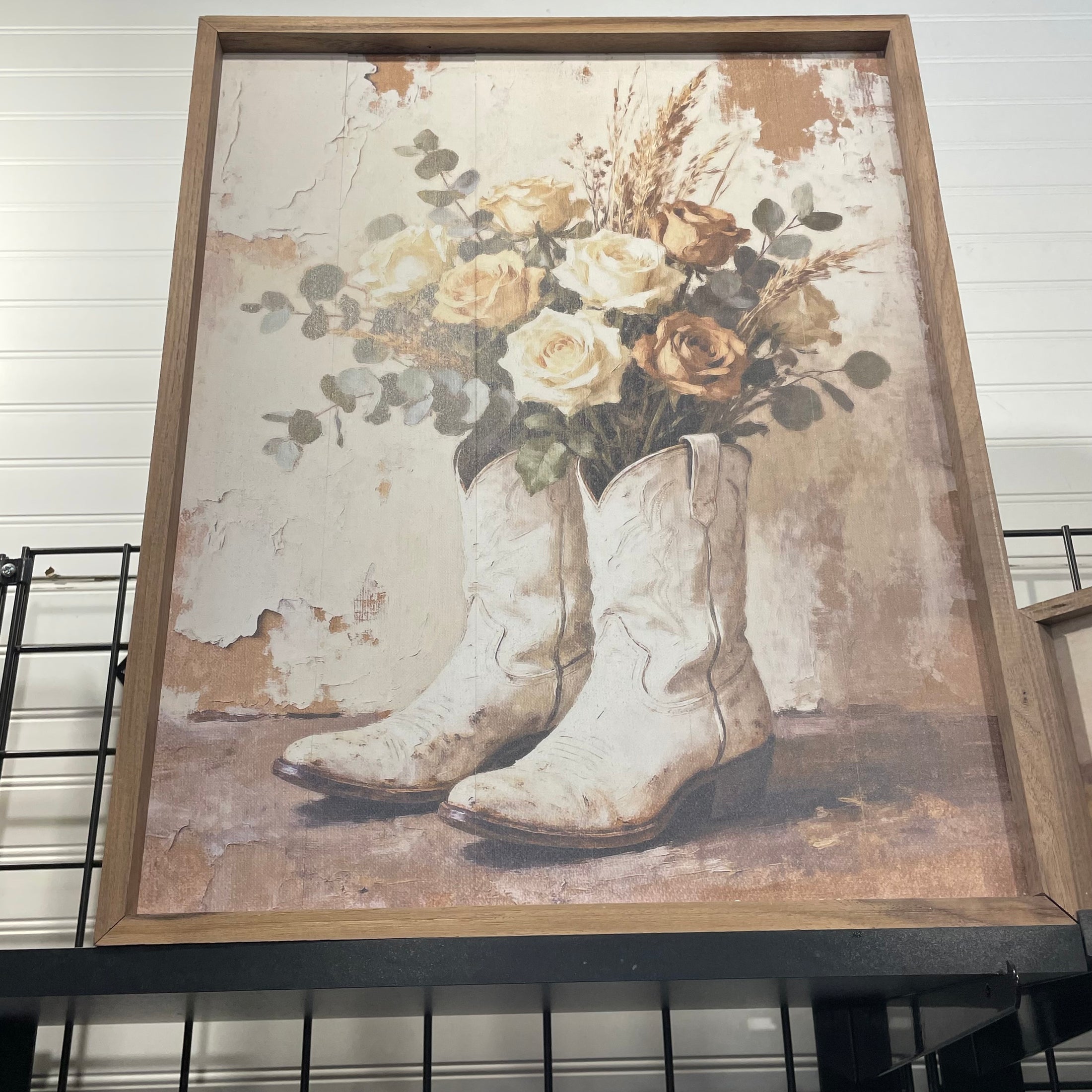 FRAMED: WILD WHITE ROSES IN BOOTS 16 X 20