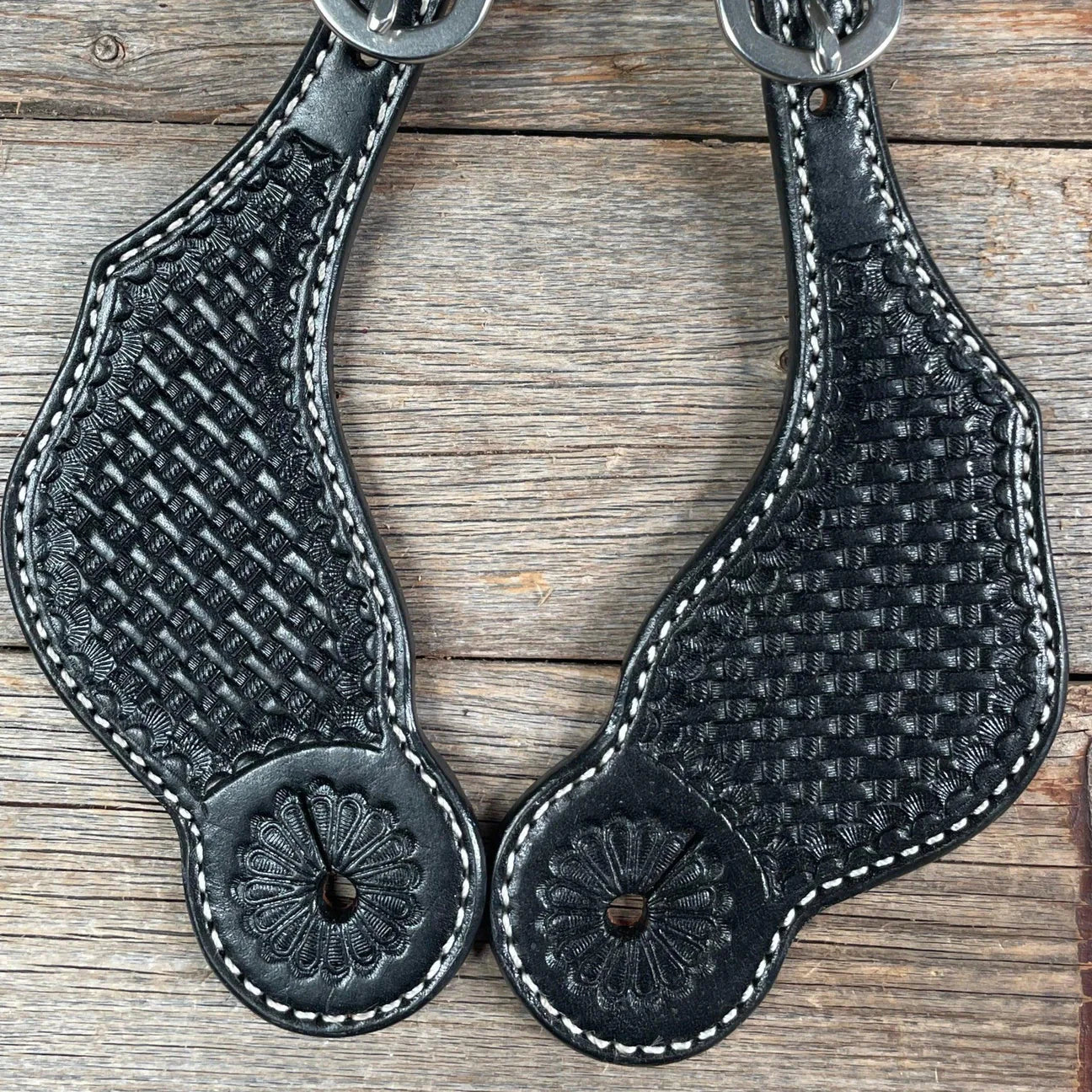 BLACK LEATHER BASKETWEAVE SPUR STRAPS