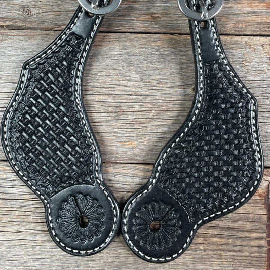 BLACK LEATHER BASKETWEAVE SPUR STRAPS