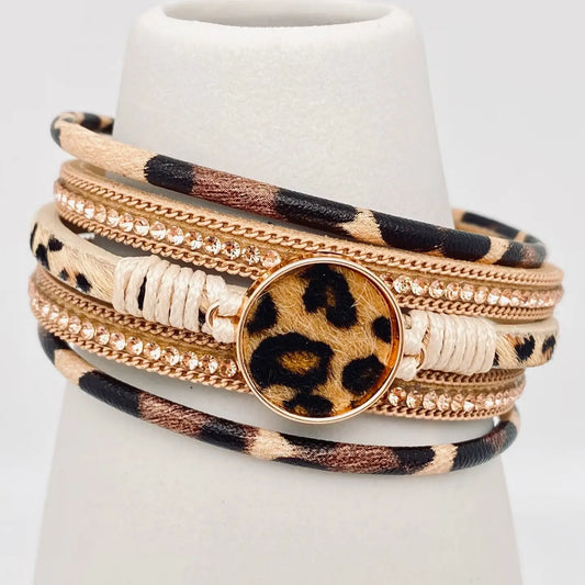 Bohemian Multi-Layer Leopard Magnetic Buckle Bracelet