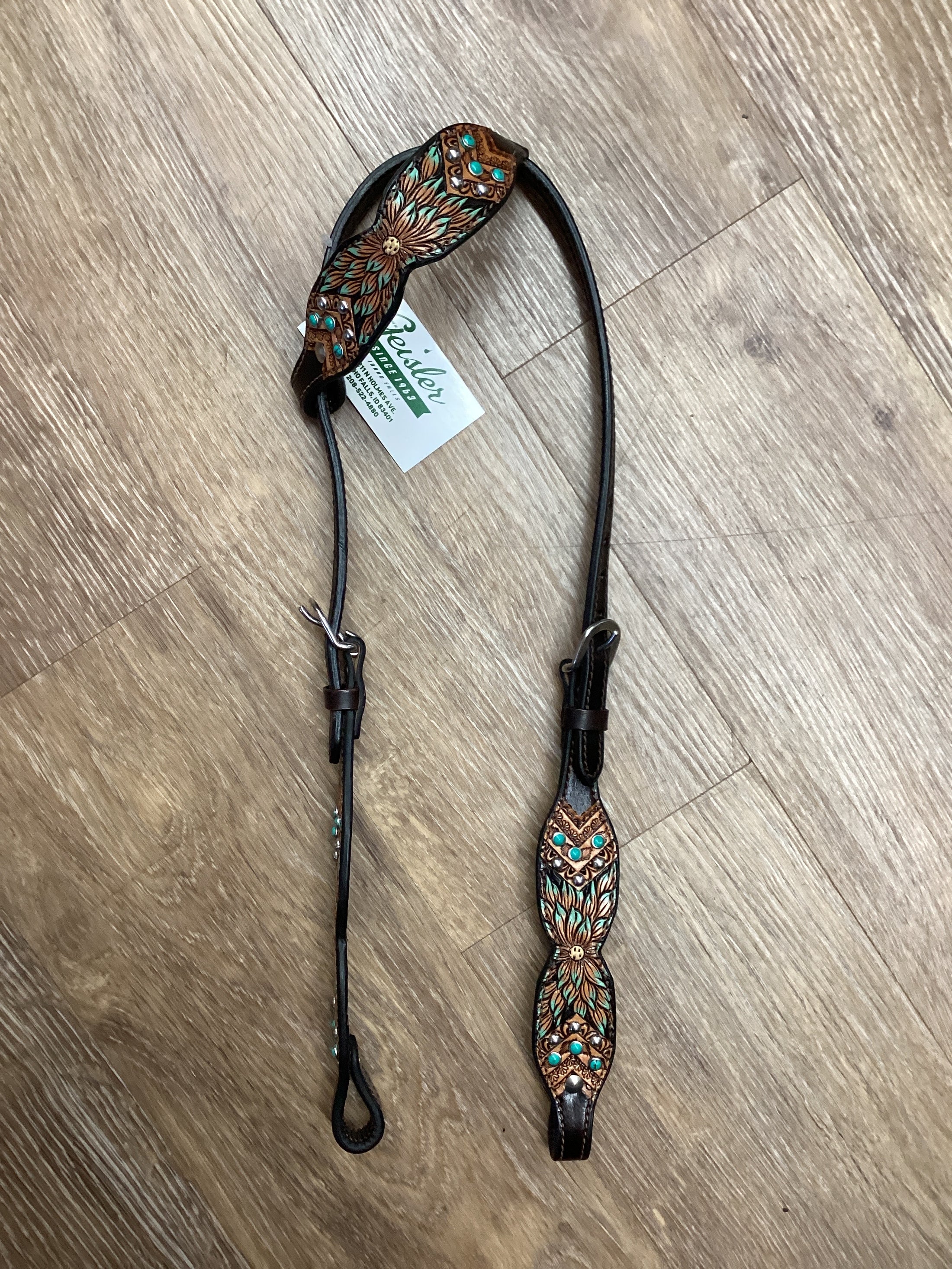 HEADSTALL: TWO TONE PAINTED FLORAL TURQ ONE EAR