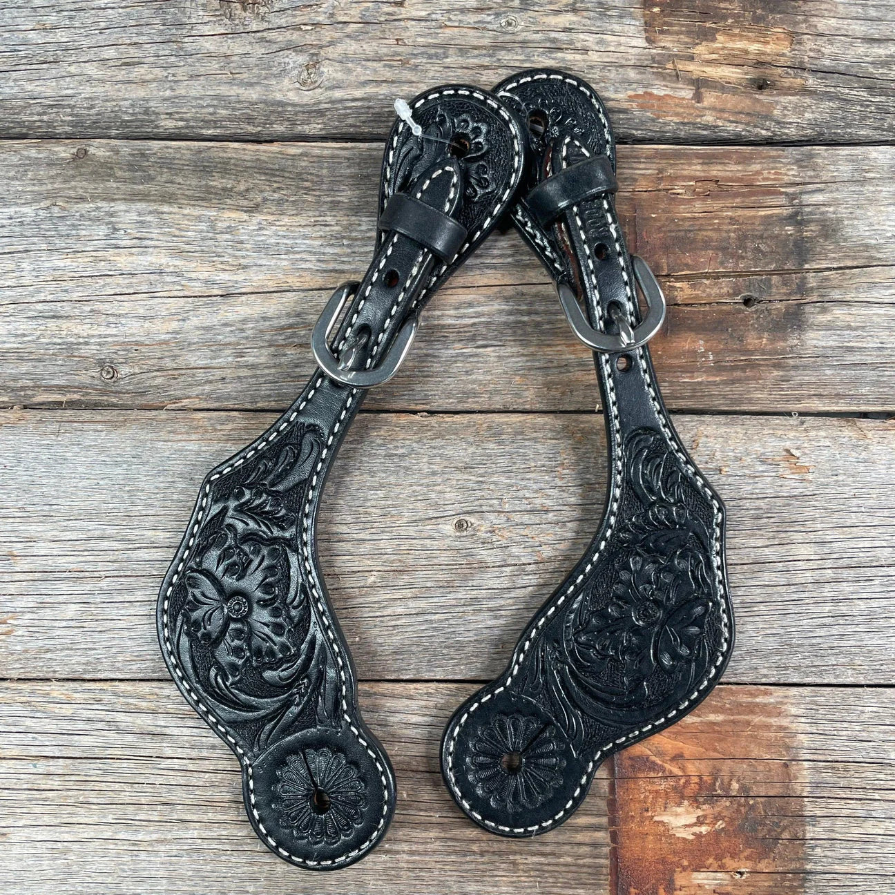 BLACK LEATHER FLORAL SPUR STRAPS