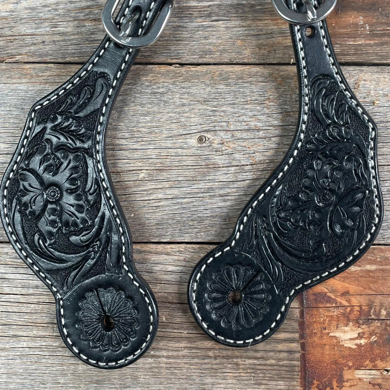 BLACK LEATHER FLORAL SPUR STRAPS