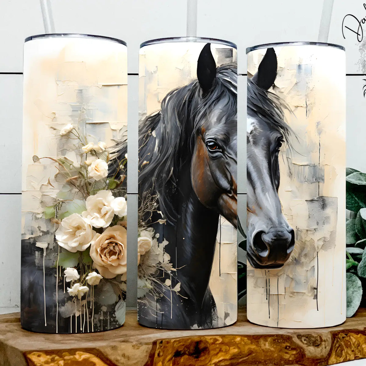 Dark Bay Boho Floral Horse Tumbler