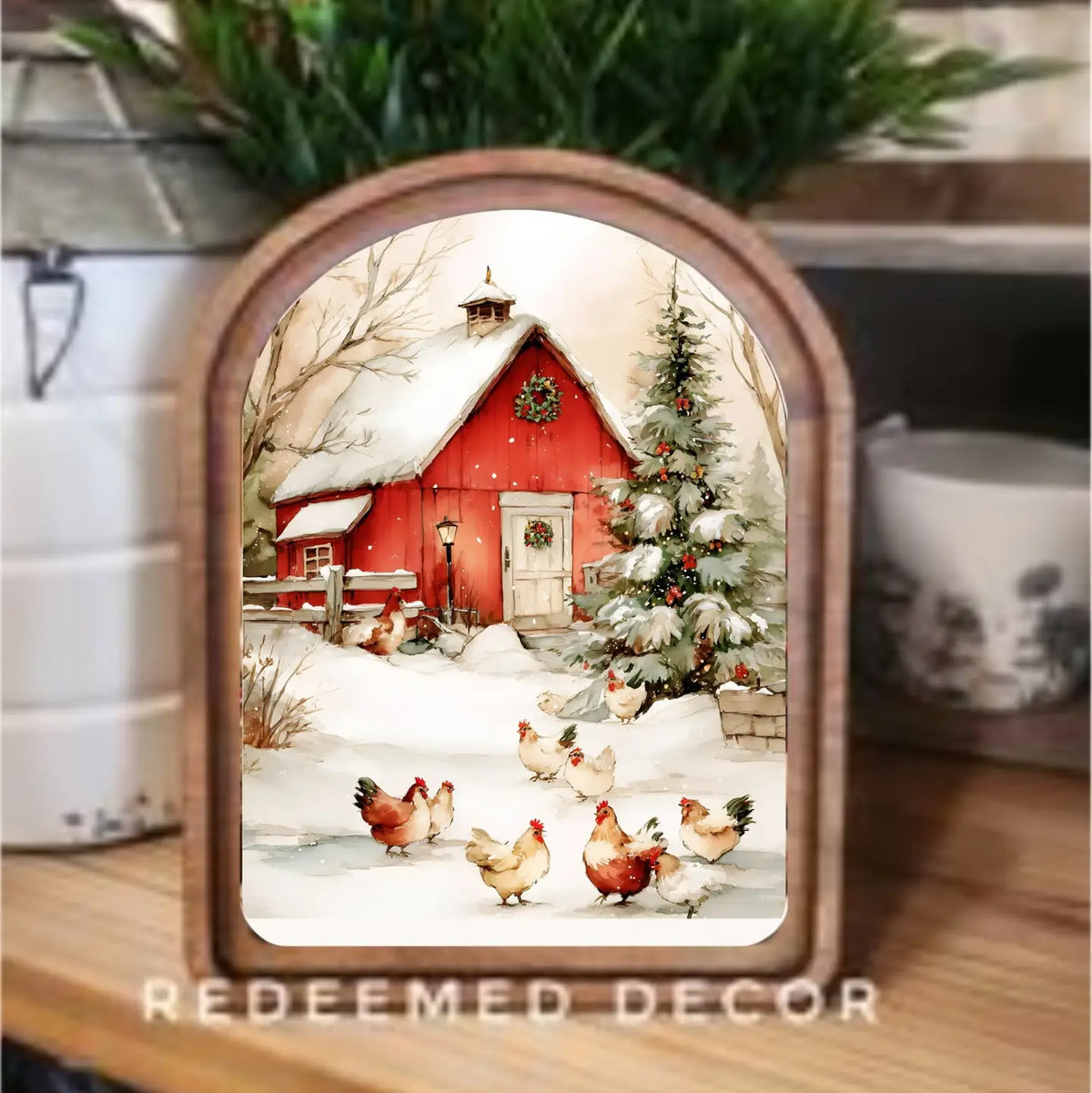 Arch Top Cozy Christmas Chickens Framed Art