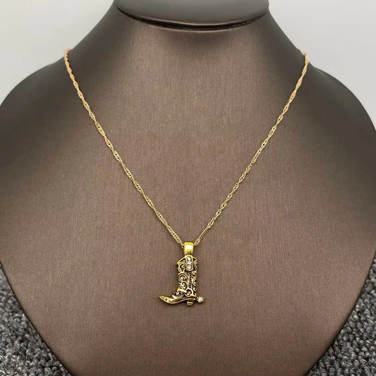 Vintage Western Cowboy Boot Pendant Necklace, GOLD