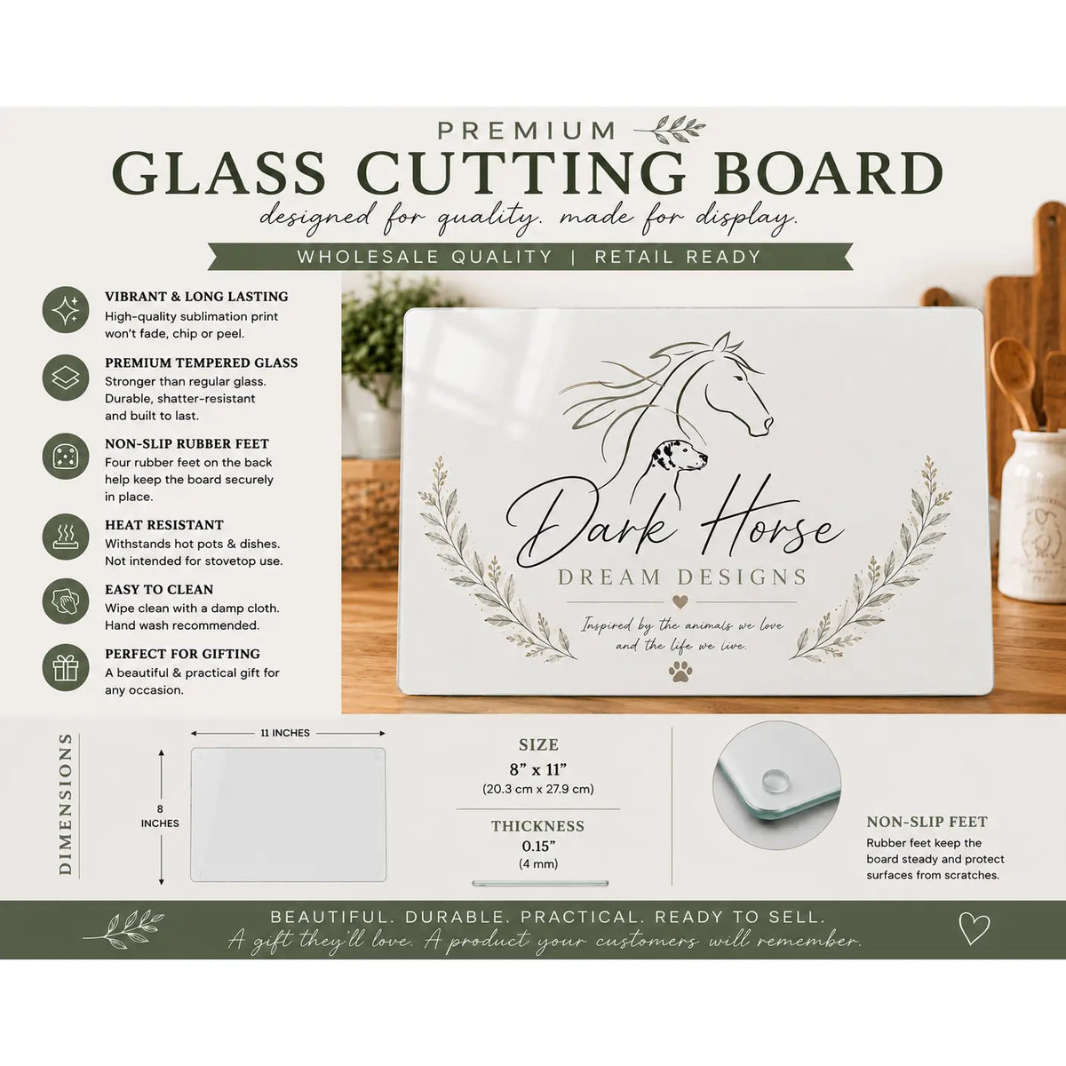 Stained Glass Horse Heads Glass Cutting Board