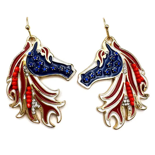 Us Flag Color Horse Gold Earrings